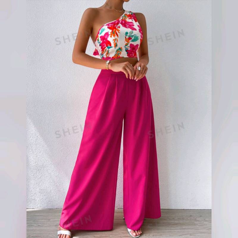 Conjunto De Pantalon Pierna Ancha Con Cuello Asimétrico Y Estampado 
