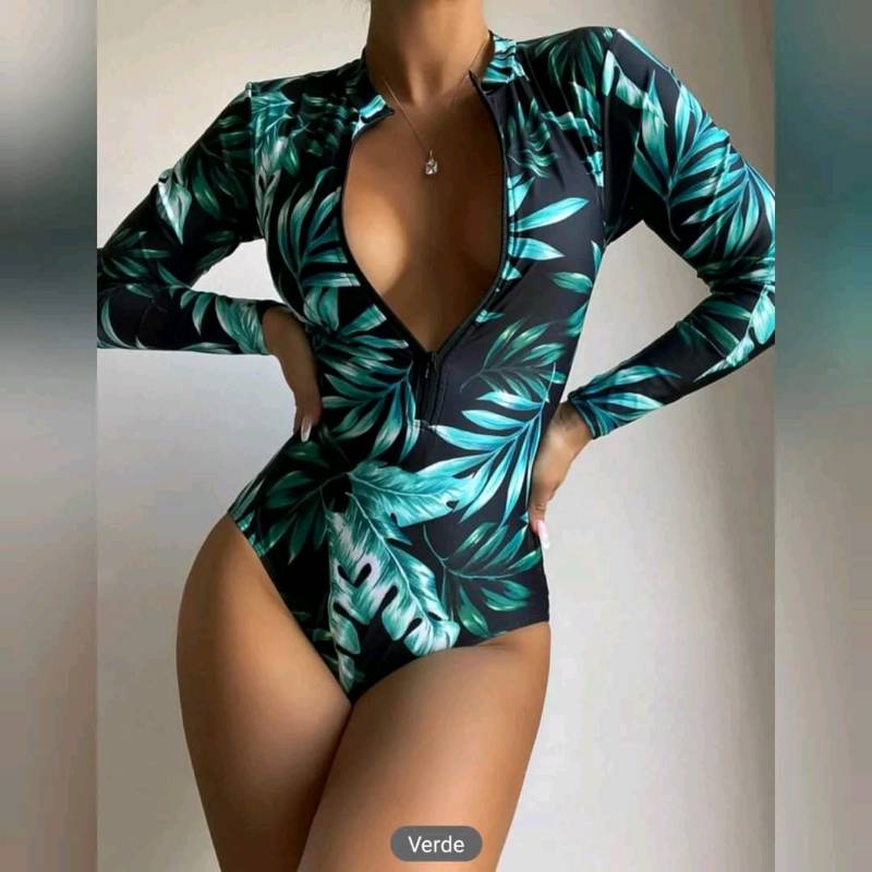 Traje de Baño  de 1 Pieza Manga  Con Estampado de Planta 
