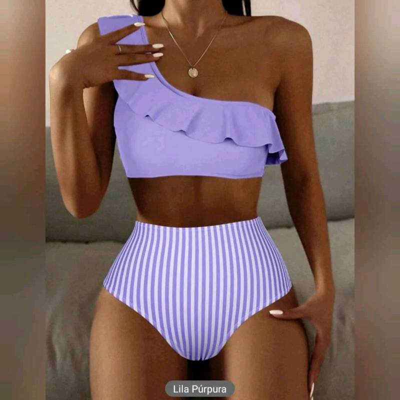  Traje de Baño  de 2 Piezas Con Ribete Fruncido & Estampado de Rallas