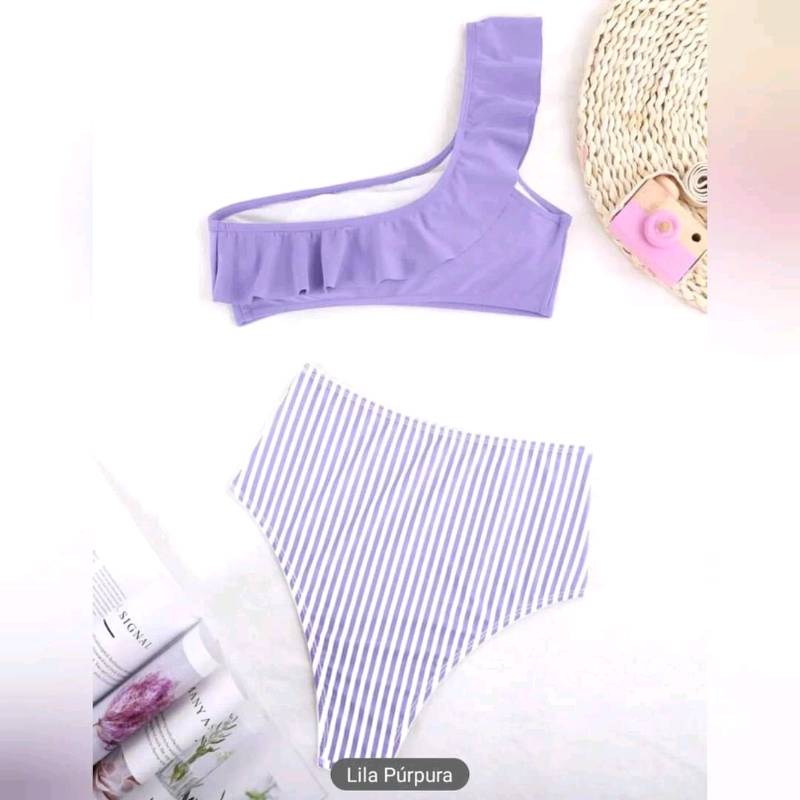  Traje de Baño  de 2 Piezas Con Ribete Fruncido & Estampado de Rallas
