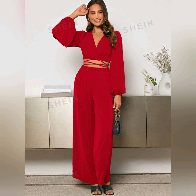 Conjunto de Top Cruzado Manga Farol & Pantalones Pierna ancha ( Cintura elastica)