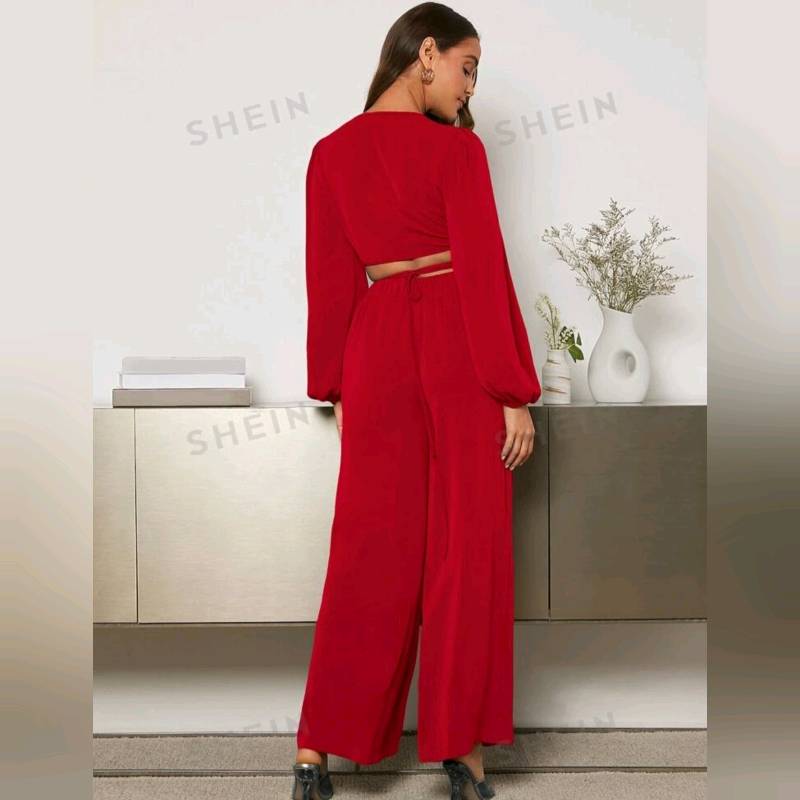 Conjunto de Top Cruzado Manga Farol & Pantalones Pierna ancha ( Cintura elastica)