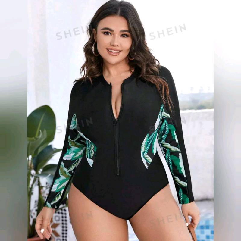 Traje de baño de 1 pieza Manga Larga con Zipper Delantero & estampado Tropical