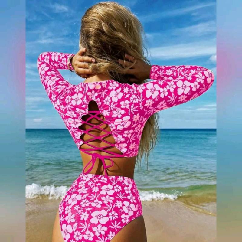  Traje De Baño De Espalda Con Cordón Manga Larga Talle alto De 2 Piezas 