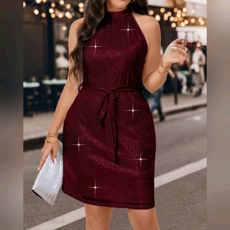 Vestido  cuello Halter De Lentejuelas con Cinturón 