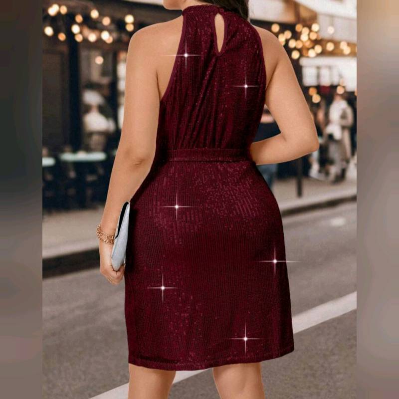 Vestido  cuello Halter De Lentejuelas con Cinturón 