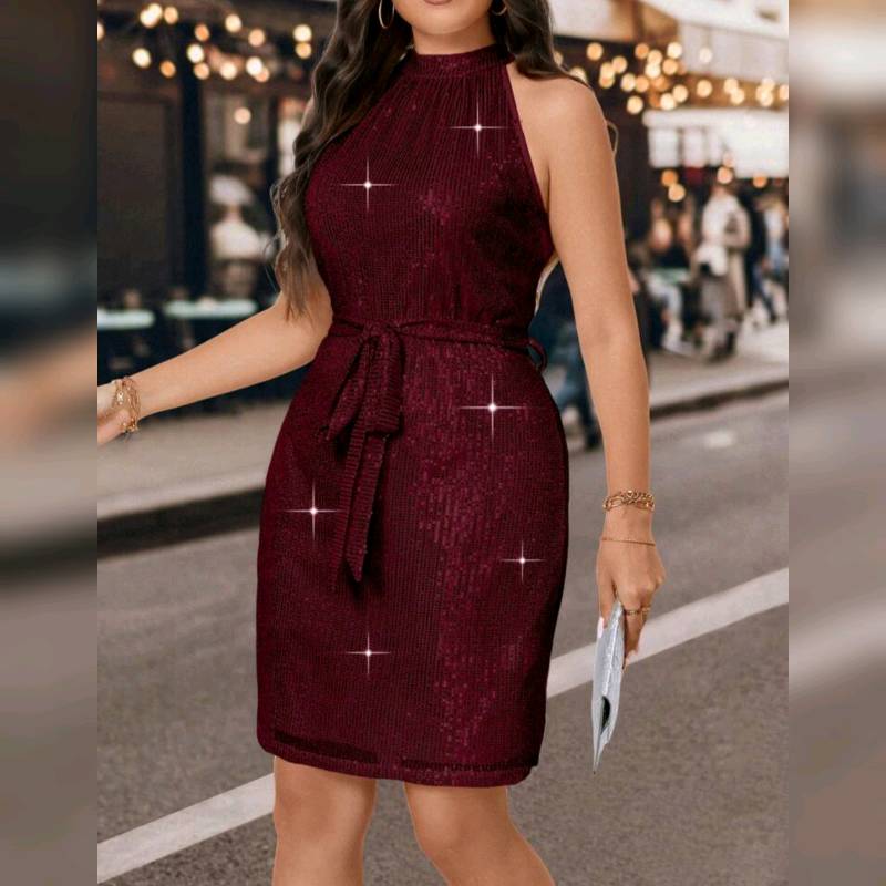 Vestido  cuello Halter De Lentejuelas con Cinturón 
