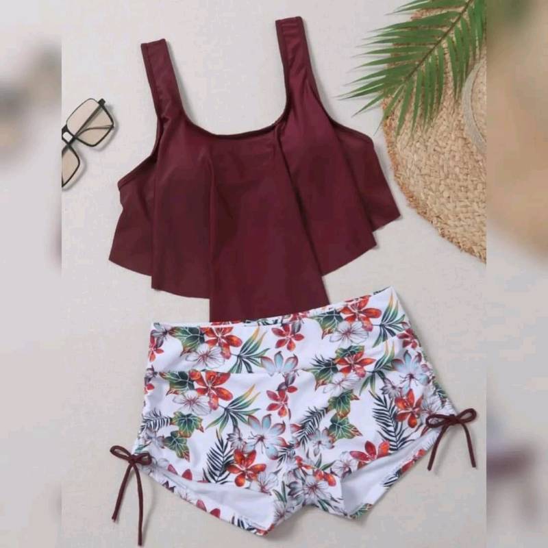 Hermoso  Traje de Baño Con Diseño Volante Y Estampado Tropical 