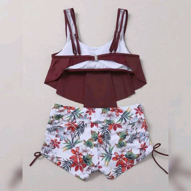 Hermoso  Traje de Baño Con Diseño Volante Y Estampado Tropical 