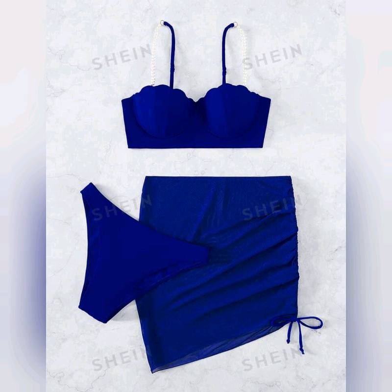 Traje de Baño de 3 Piezas Push up Con diseño de perlas y Falda  Con Fruncido ( Incluye bikini) 