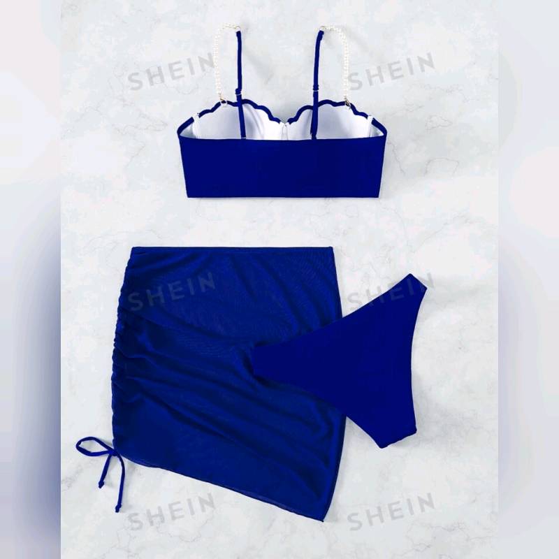 Traje de Baño de 3 Piezas Push up Con diseño de perlas y Falda  Con Fruncido ( Incluye bikini) 