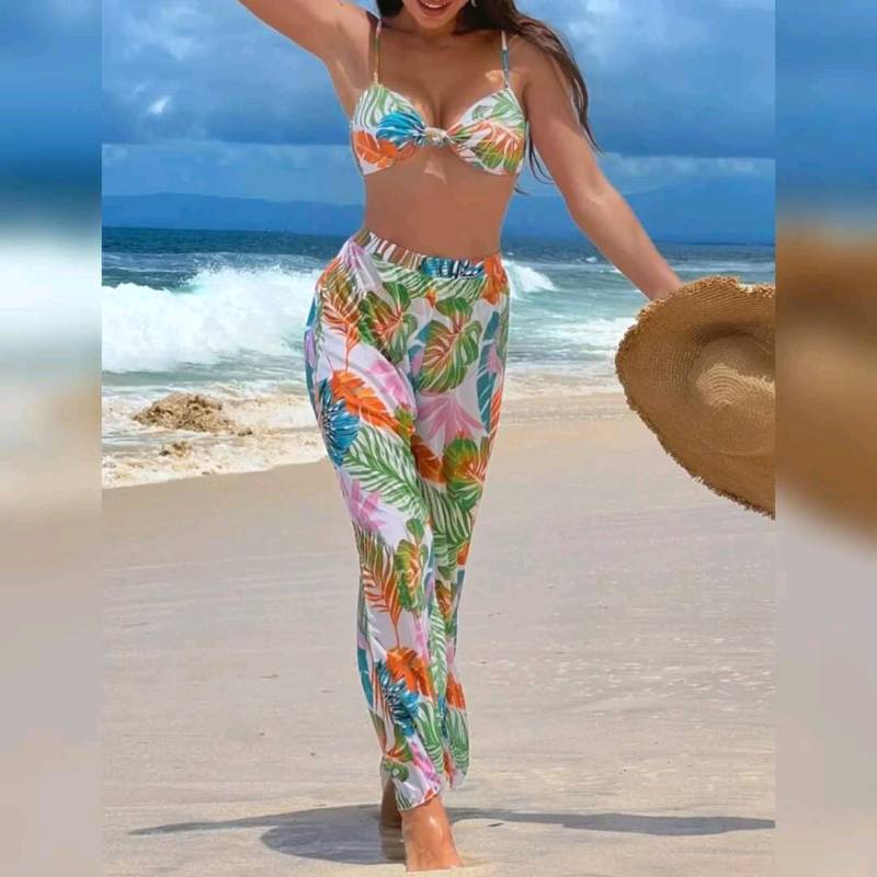  Traje de Baño de 3 Piezas Con Estampado Tropical ( incluye Pantalón)