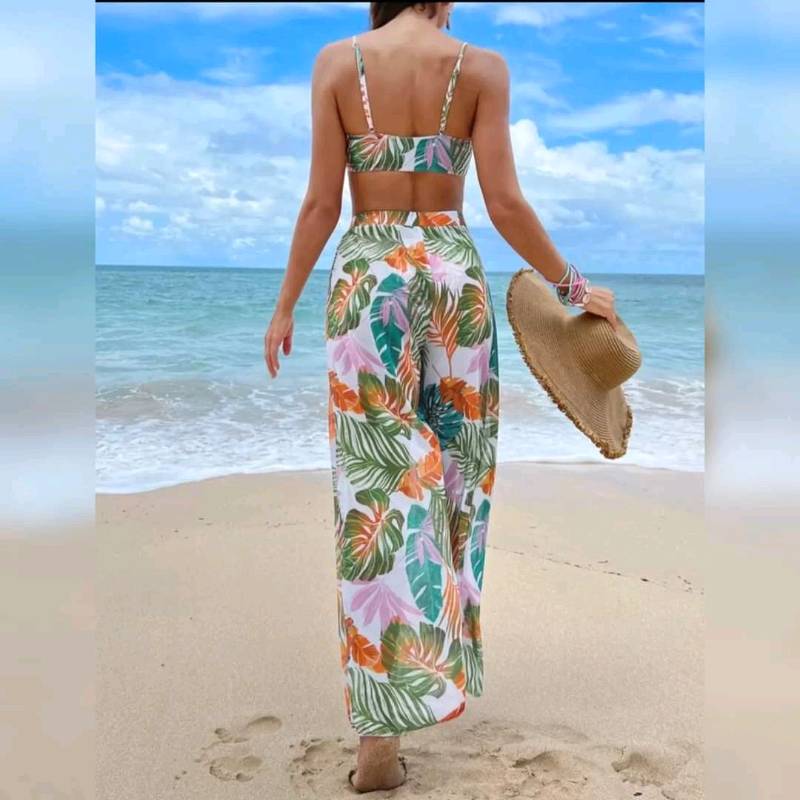  Traje de Baño de 3 Piezas Con Estampado Tropical ( incluye Pantalón)