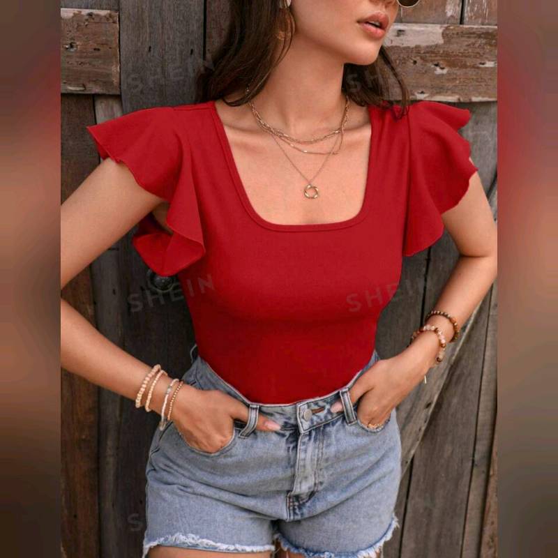 Blusa De Manga Mariposa & Cuello Cuadrado