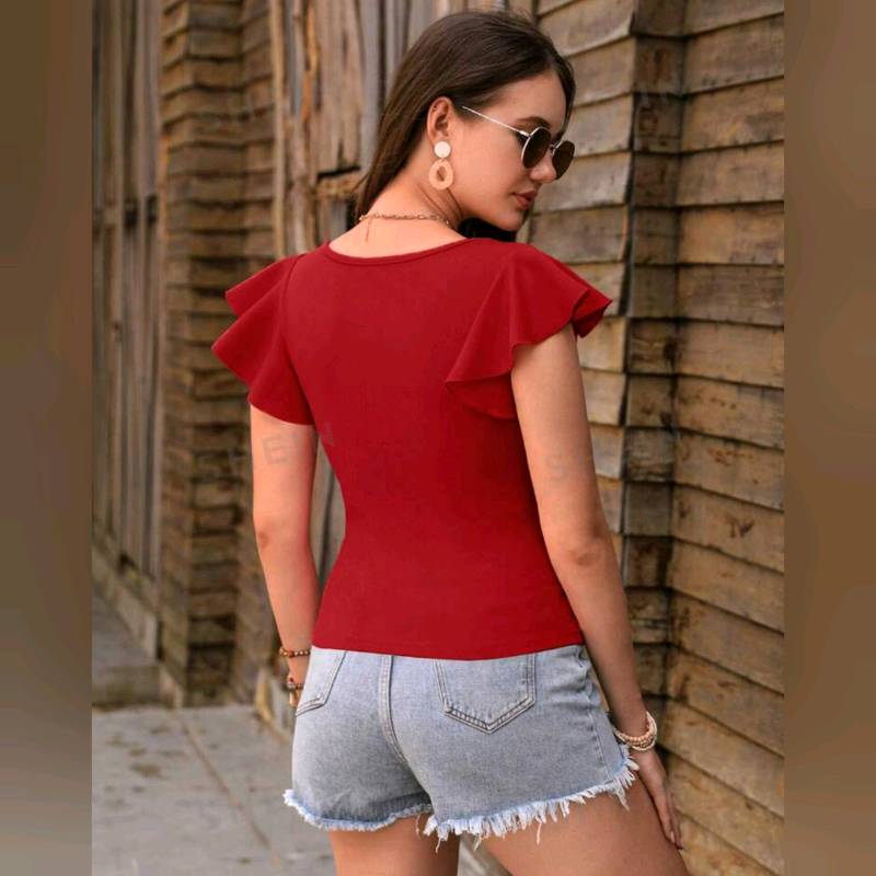 Blusa De Manga Mariposa & Cuello Cuadrado