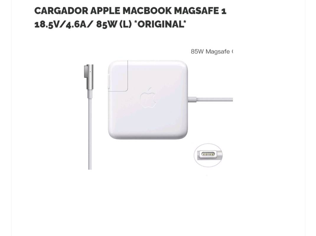 Cargador Apple para Macbook Magsafe 1 Original, 18.5v, 4.6a, 85W, L