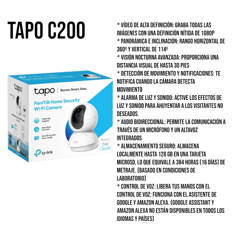 Tapo C200, Cámara Wi-Fi de seguridad para el interior del hogar Pan / Tilt