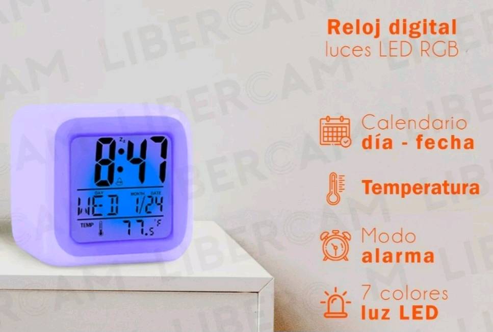 Reloj Despertador Luz Led 7 Colores Alarma Temperatura Fecha