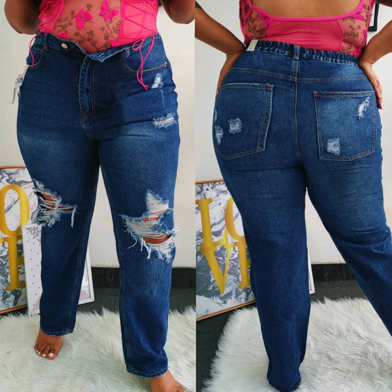 90271 - Mom jeans dark tela rígida con liga atrás en la cintura 