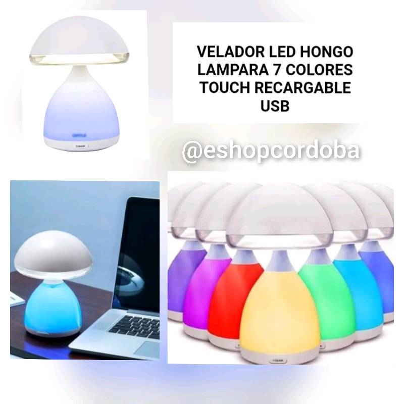 Velador Hongo Led Touch Lampara Usb Recargable 3 Luces