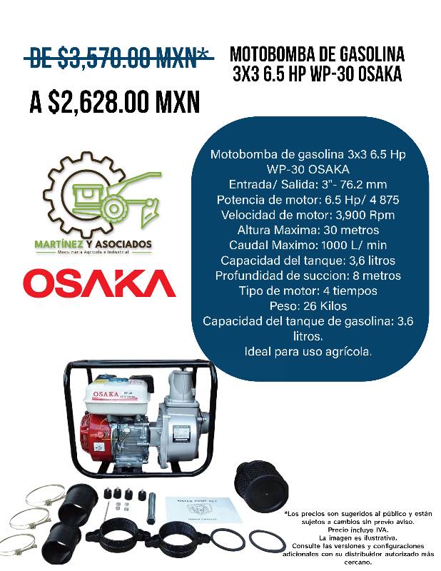 Motobomba de gasolina 3x3 6.5 Hp WP-30 OSAKA México