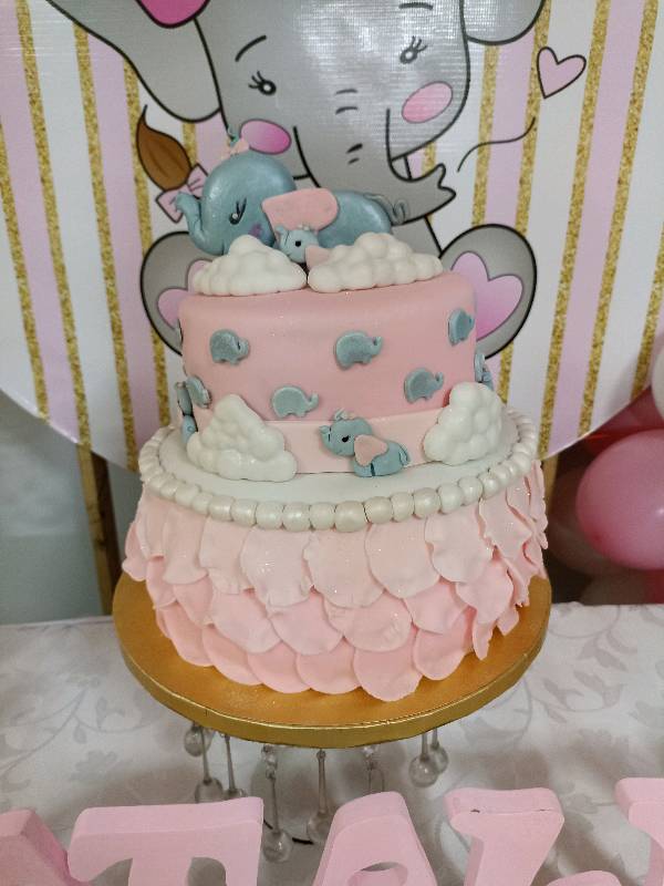 Torta temática elefante BB para baby shower niña en Puno