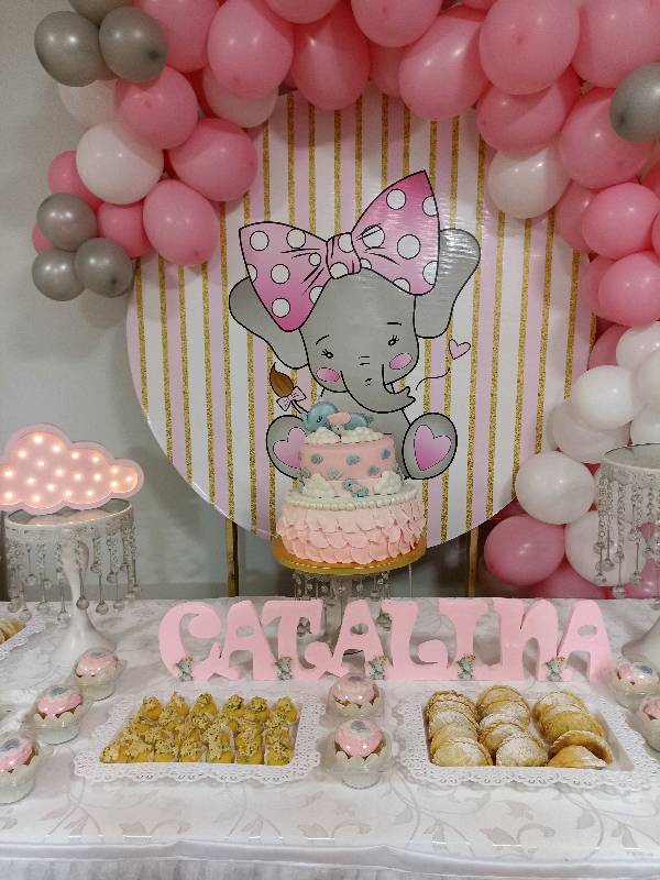 Torta temática elefante BB para baby shower niña en Puno