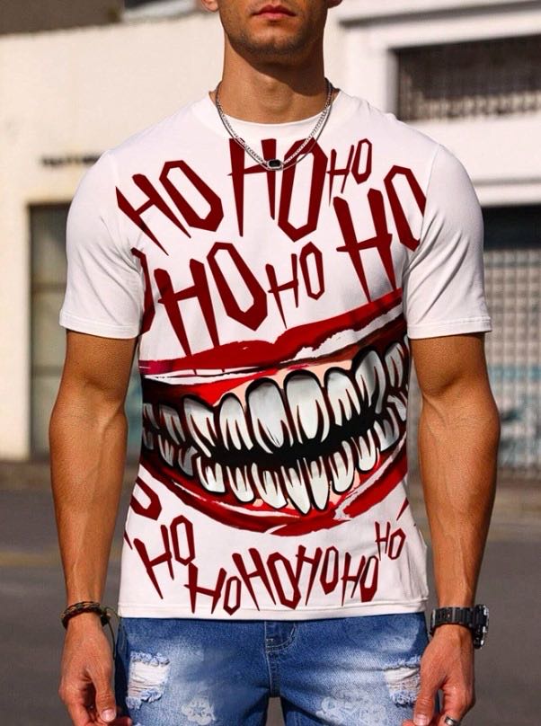 Franela estampada blanca y roja Con Dientes Y Letras