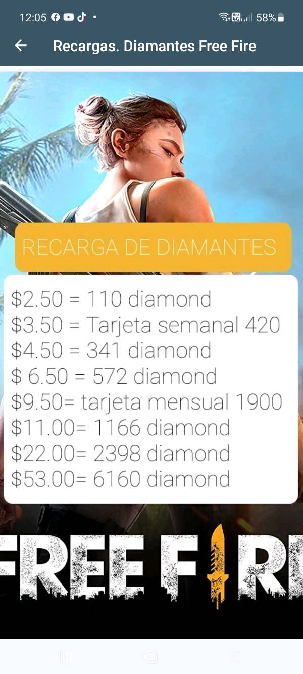 Free Fire Recarga por ID - Tarjeta Semanal