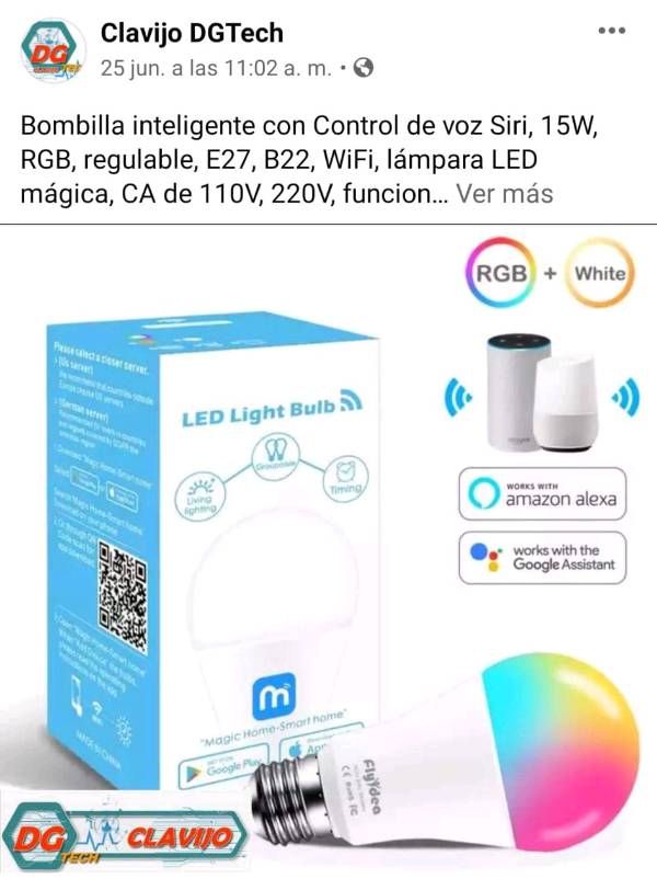 Bombilla inteligente B22 E27 con WiFi, lámpara LED RGB de 15W