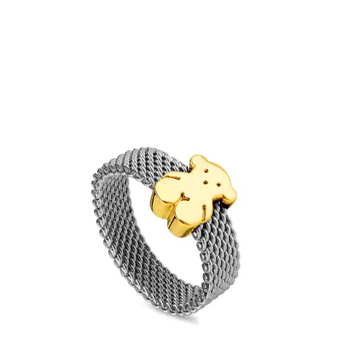 Anillo De Acero Y plata Bañada En Oro Mesh Talla 7 