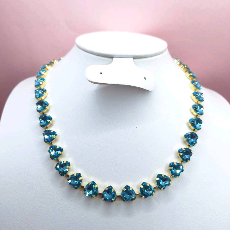 Cadena piedras azules corazones/ chapa