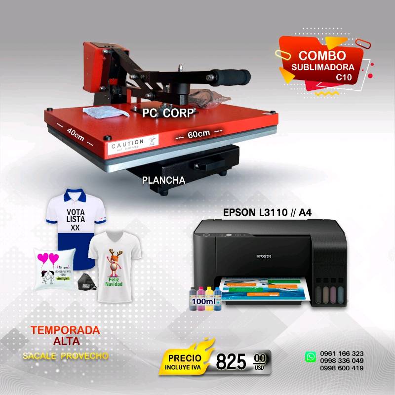 MEGA COMBO PLANCHA SUBLIMACION 9 EN 1 + IMPRESORA EPSON l120 PARA  SUBLIMACION - Ventas de equipos de sublimación y computadoras reparación y  mantenimiento preventivo y correctivo en todas las marcas