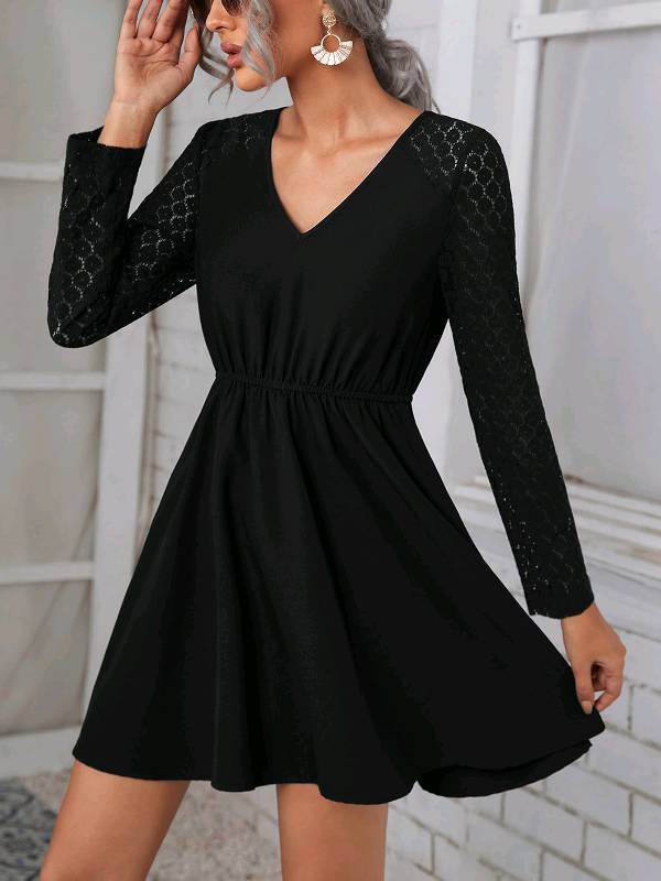 Vestido negro manga larga de 2025 encaje