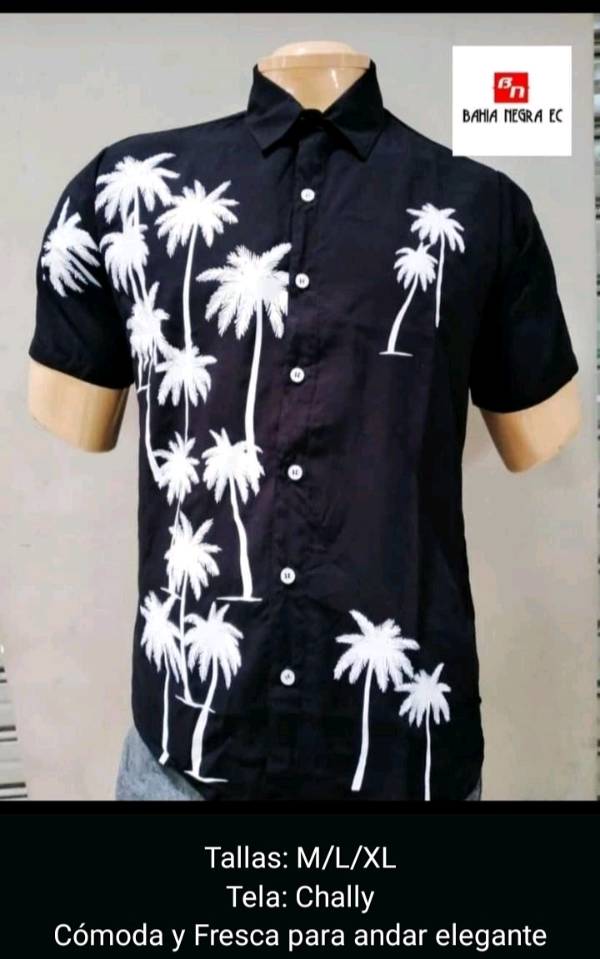 Camisa negra con palmeras blancas clearance